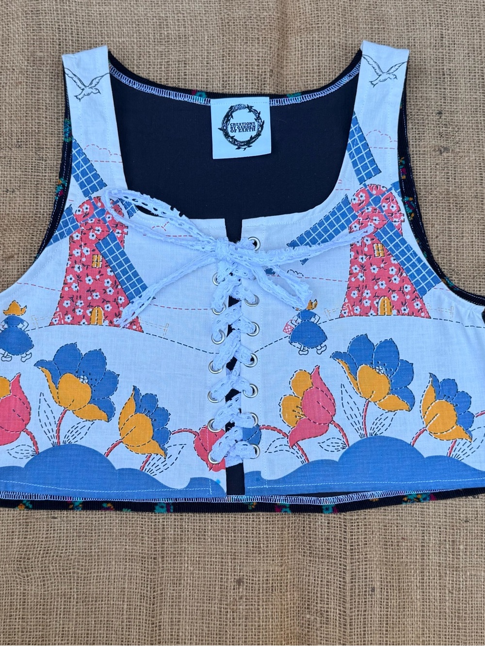 Handmade Vintage fabric  Lace-Up Crop Top